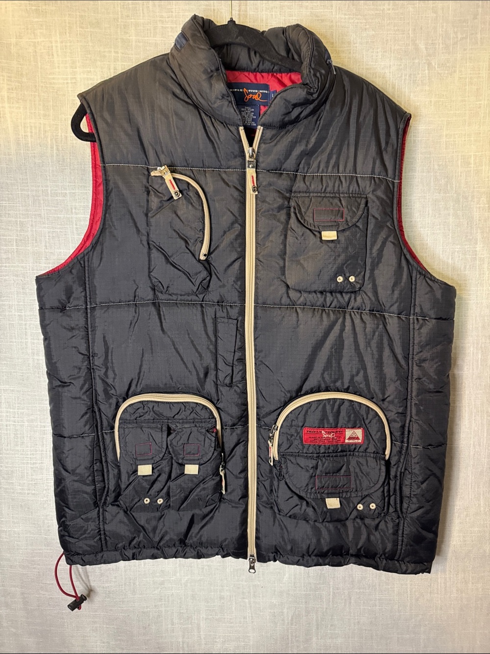 Triple Five Soul Black Quilted Vest with Red Trim and Tan Accents